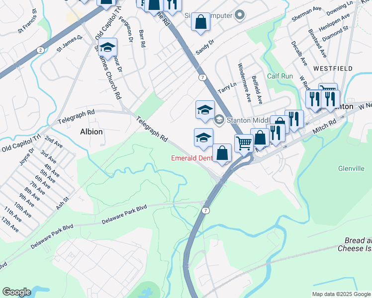 map of restaurants, bars, coffee shops, grocery stores, and more near 1701 Telegraph Road in Wilmington