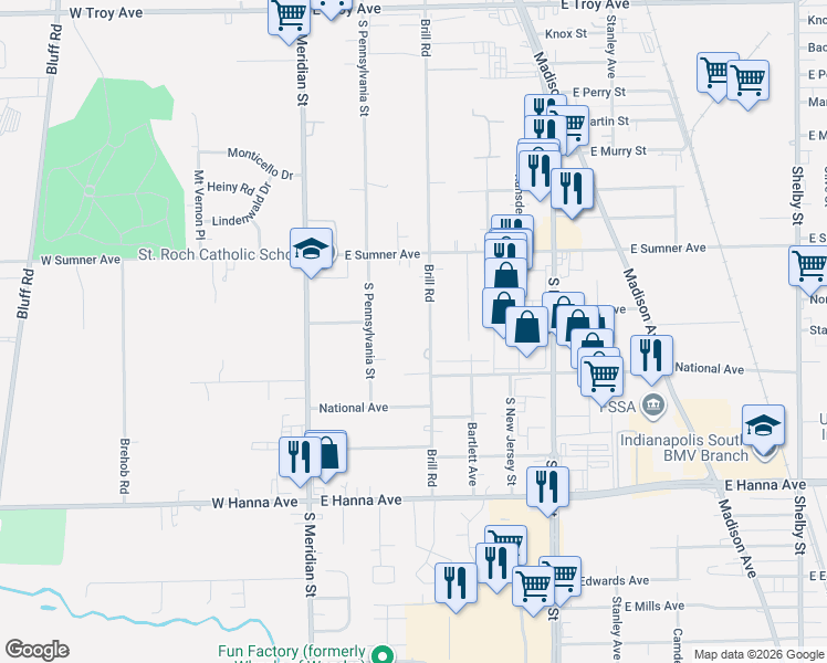map of restaurants, bars, coffee shops, grocery stores, and more near 3740 Brill Road in Indianapolis