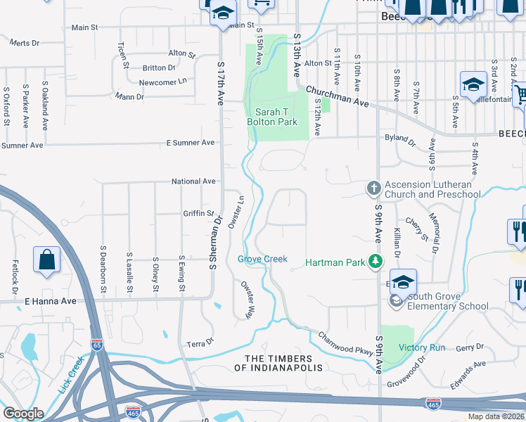 map of restaurants, bars, coffee shops, grocery stores, and more near 534 Charnwood Parkway in Beech Grove