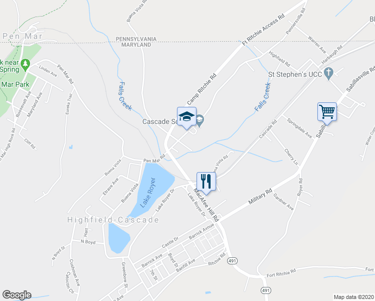 map of restaurants, bars, coffee shops, grocery stores, and more near 14440 Buena Vista Road in Highfield-Cascade