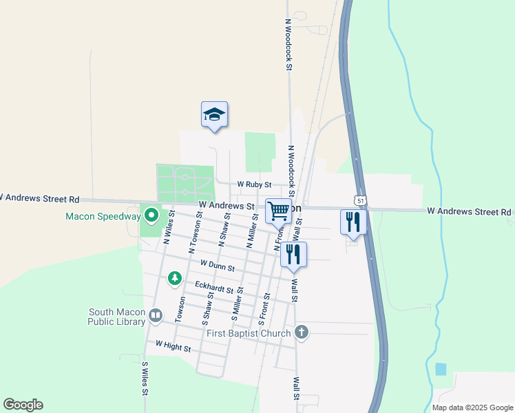 map of restaurants, bars, coffee shops, grocery stores, and more near 201 West Andrews Street in Macon
