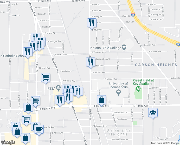 map of restaurants, bars, coffee shops, grocery stores, and more near Shelby St & Standish Ave in Indianapolis