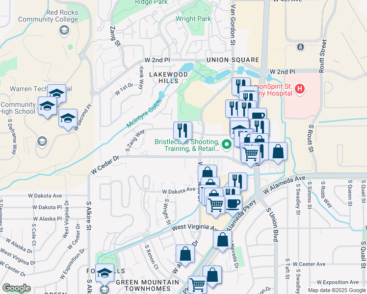 map of restaurants, bars, coffee shops, grocery stores, and more near 12567 West Cedar Drive in Lakewood