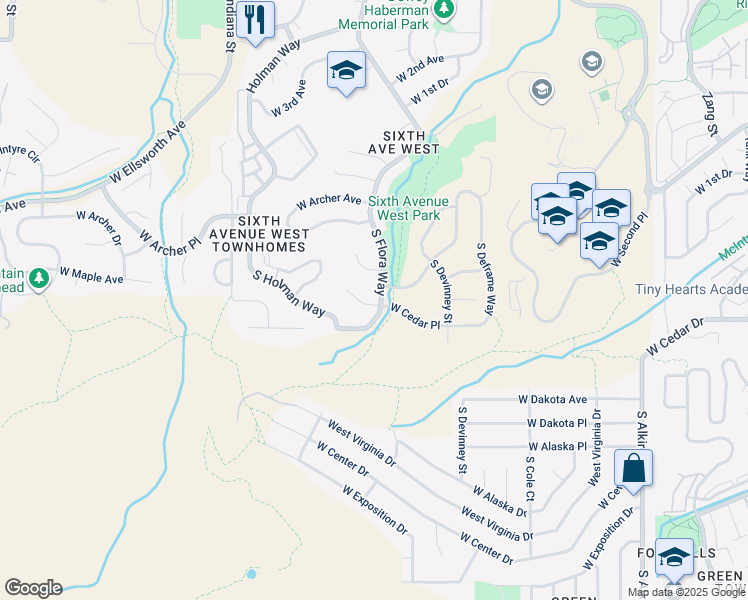 map of restaurants, bars, coffee shops, grocery stores, and more near 205 South Flora Way in Golden