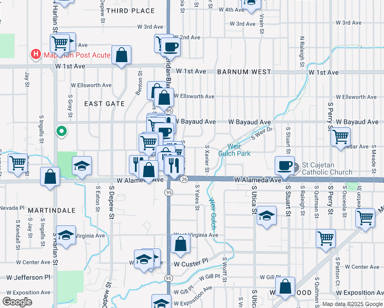 map of restaurants, bars, coffee shops, grocery stores, and more near 240 South Yates Street in Denver
