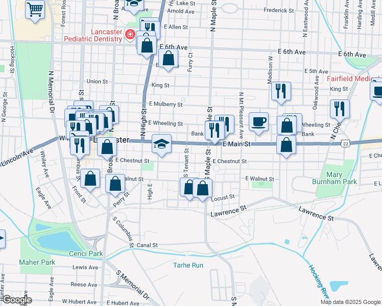map of restaurants, bars, coffee shops, grocery stores, and more near 427 East Chestnut Street in Lancaster