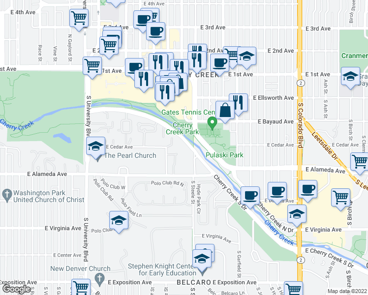 map of restaurants, bars, coffee shops, grocery stores, and more near 3100 Cherry Creek South Drive in Denver