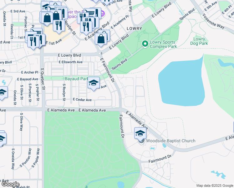 map of restaurants, bars, coffee shops, grocery stores, and more near 8128 Fairmount Drive in Denver