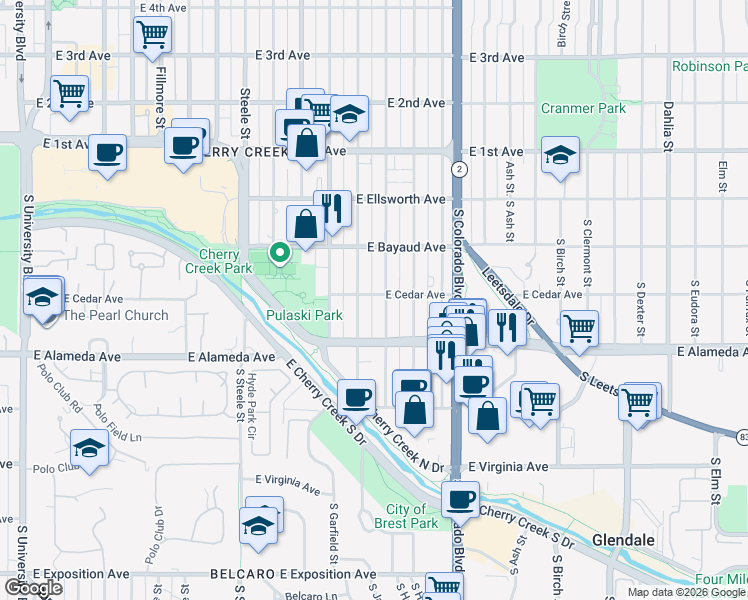 map of restaurants, bars, coffee shops, grocery stores, and more near 230 South Monroe Street in Denver