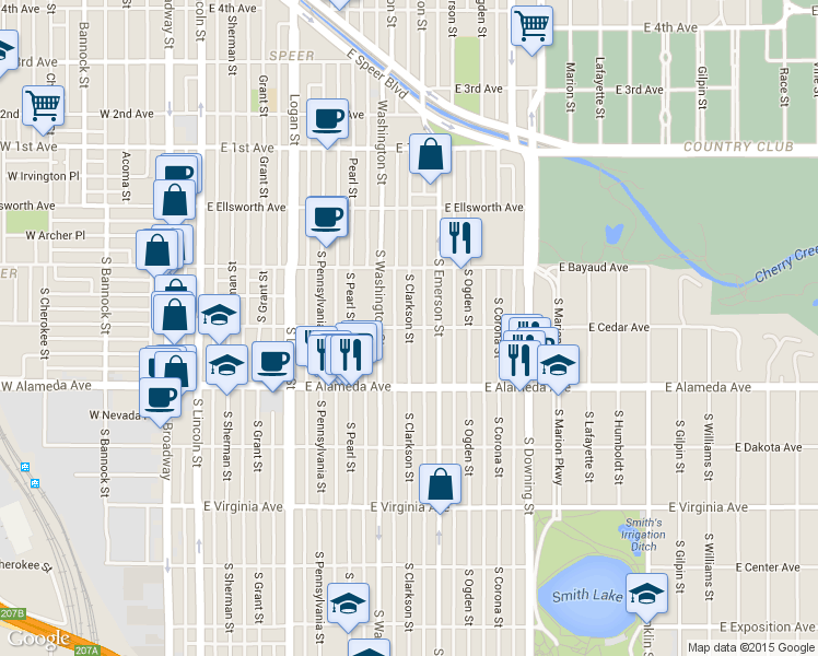 map of restaurants, bars, coffee shops, grocery stores, and more near 224 South Clarkson Street in Denver