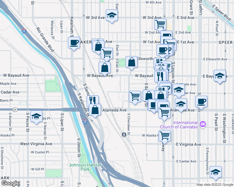 map of restaurants, bars, coffee shops, grocery stores, and more near 500 West Cedar Avenue in Denver