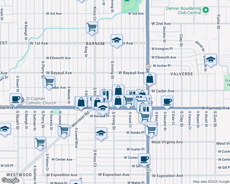 map of restaurants, bars, coffee shops, grocery stores, and more near 238 South Irving Street in Denver
