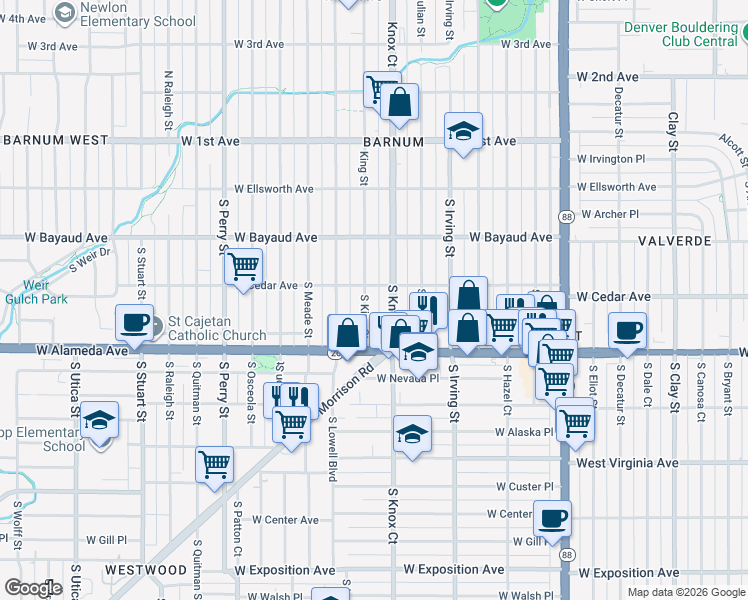 map of restaurants, bars, coffee shops, grocery stores, and more near 233 South Knox Court in Denver