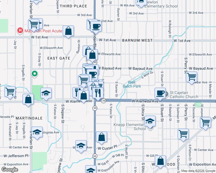 map of restaurants, bars, coffee shops, grocery stores, and more near 240 South Yates Street in Denver