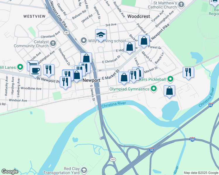 map of restaurants, bars, coffee shops, grocery stores, and more near 103 South Augustine Street in Newport