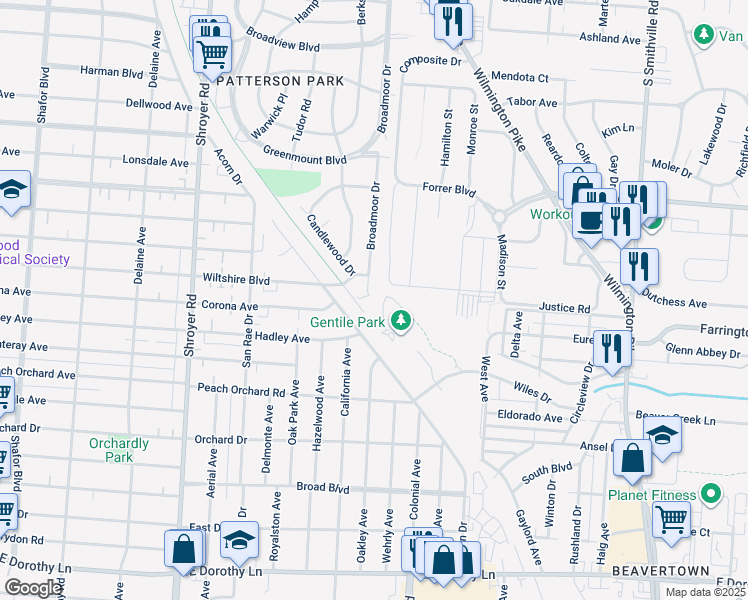 map of restaurants, bars, coffee shops, grocery stores, and more near 2424 Acorn Drive in Dayton