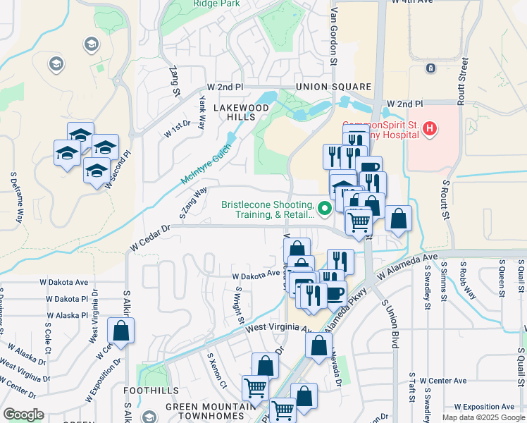 map of restaurants, bars, coffee shops, grocery stores, and more near 12567 W Cedar Dr in Lakewood