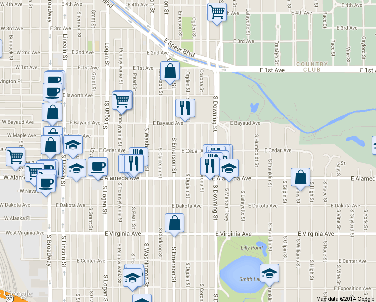 map of restaurants, bars, coffee shops, grocery stores, and more near S Ogden St & E Cedar Ave in Denver