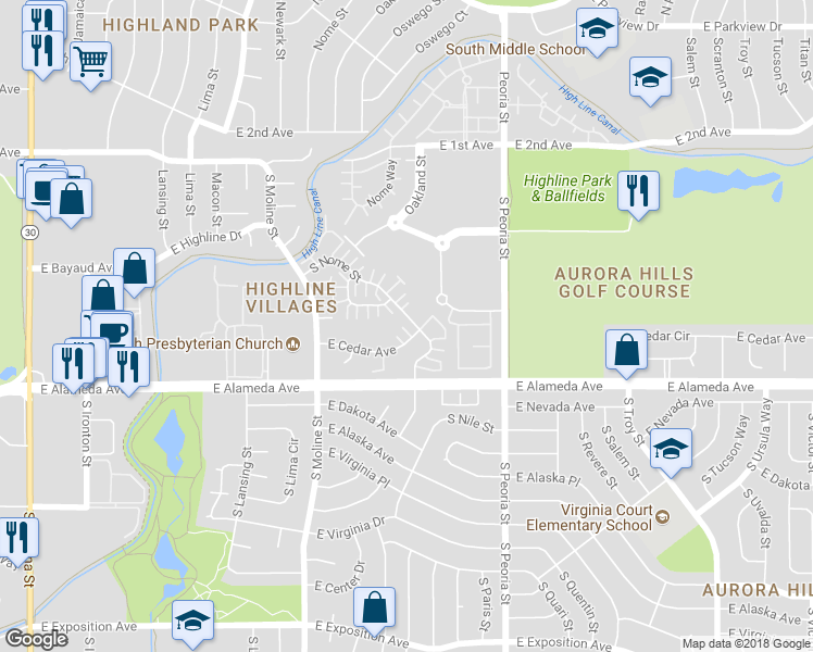 map of restaurants, bars, coffee shops, grocery stores, and more near 181 South Nome Street in Aurora