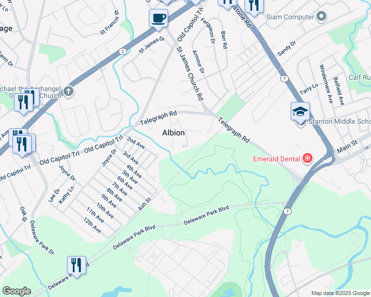 map of restaurants, bars, coffee shops, grocery stores, and more near 2010-1/2 Cunningham Road in Wilmington