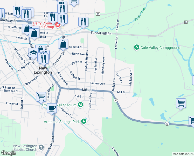 map of restaurants, bars, coffee shops, grocery stores, and more near 505 Eastern Avenue in New Lexington