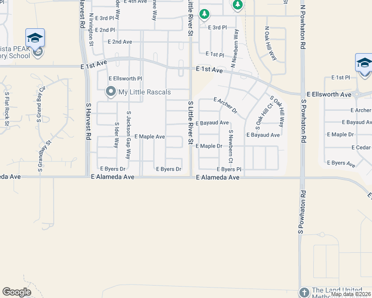 map of restaurants, bars, coffee shops, grocery stores, and more near 220 South Langdale Court in Aurora