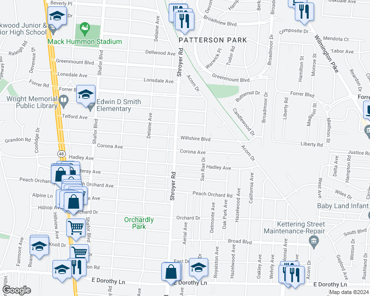 map of restaurants, bars, coffee shops, grocery stores, and more near 521 Corona Avenue in Dayton