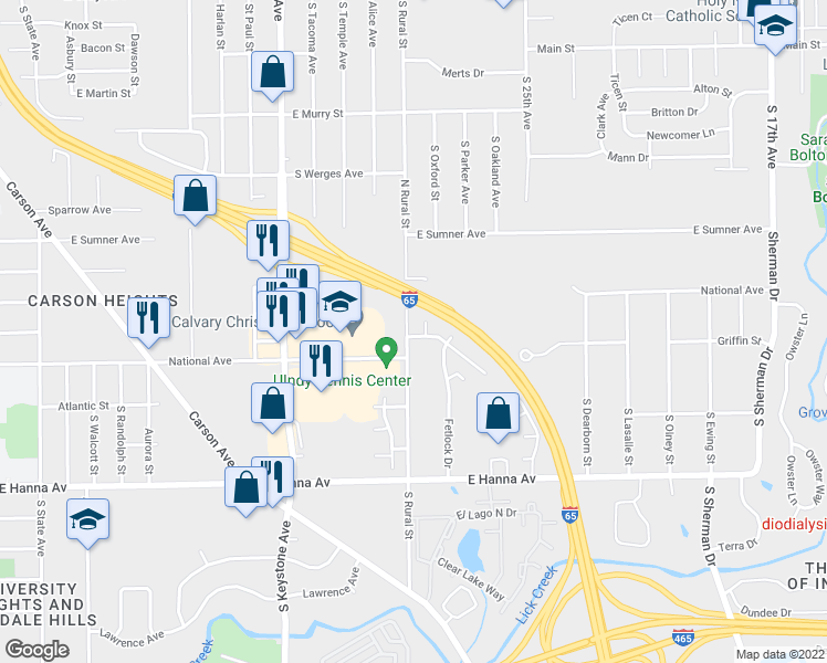map of restaurants, bars, coffee shops, grocery stores, and more near 3637 South Rural Street in Indianapolis