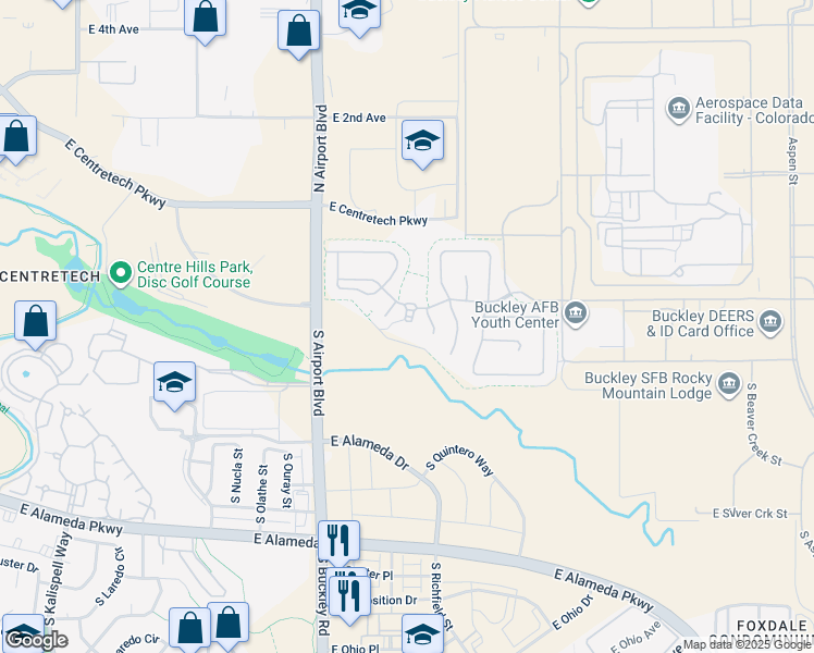 map of restaurants, bars, coffee shops, grocery stores, and more near 213 South Monarch Way in Aurora