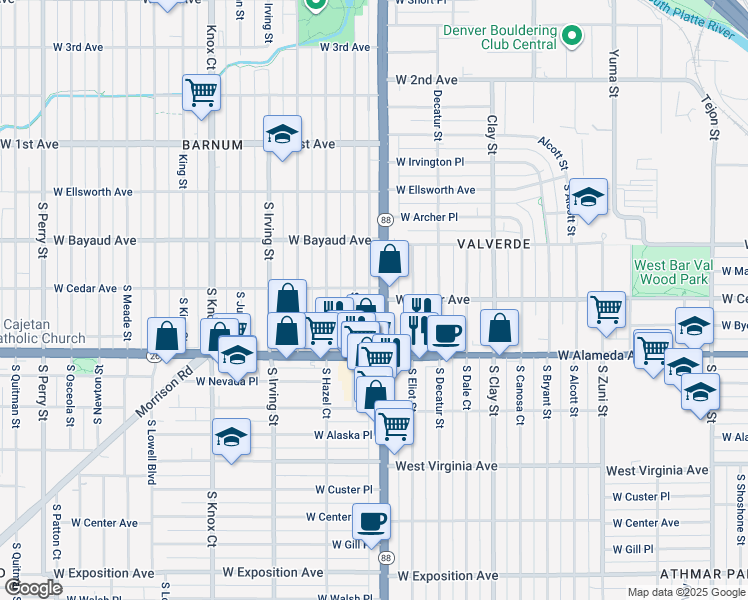 map of restaurants, bars, coffee shops, grocery stores, and more near 233 South Federal Boulevard in Denver