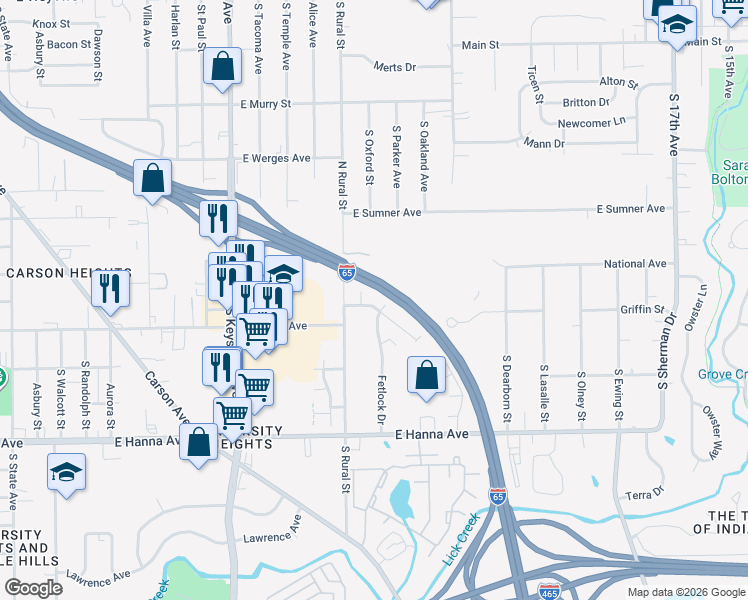 map of restaurants, bars, coffee shops, grocery stores, and more near 3700 South Rural Street in Indianapolis