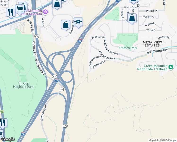map of restaurants, bars, coffee shops, grocery stores, and more near 187 South Rogers Way in Golden