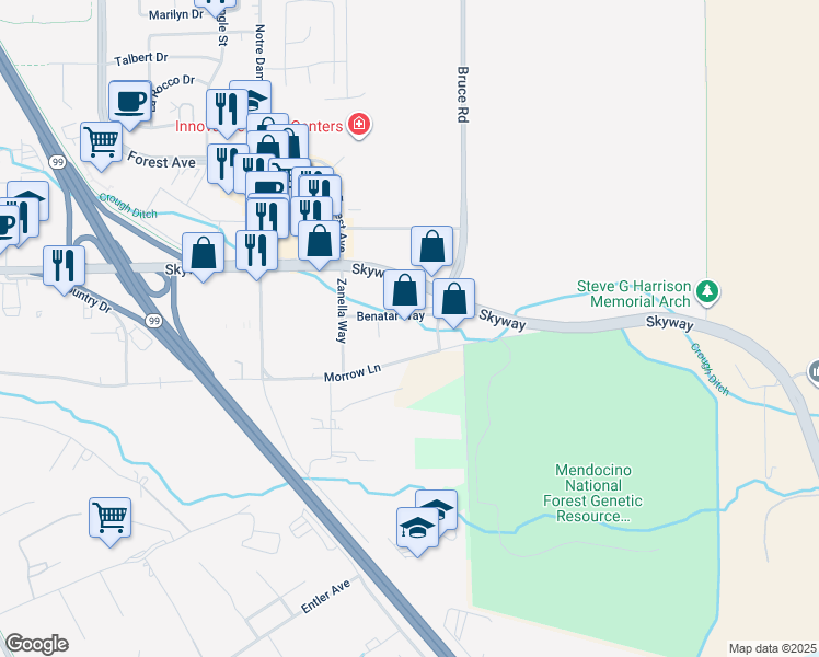 map of restaurants, bars, coffee shops, grocery stores, and more near 3881 Benatar Way in Chico