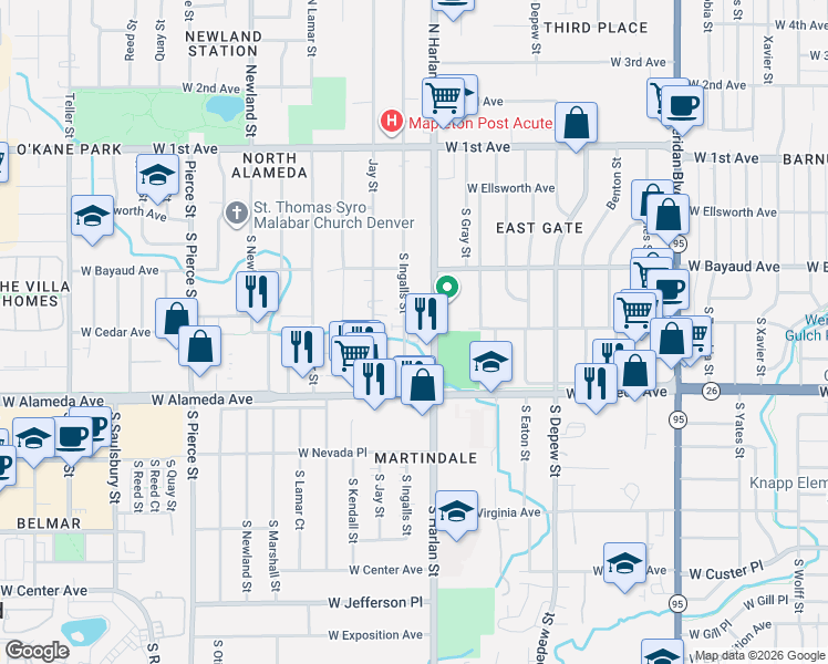 map of restaurants, bars, coffee shops, grocery stores, and more near 245 South Harlan Street in Lakewood