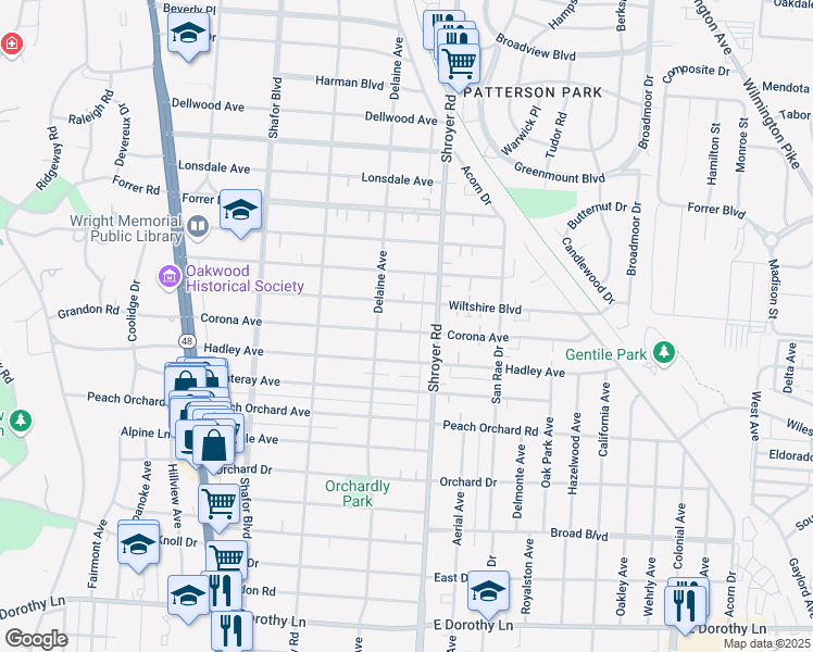 map of restaurants, bars, coffee shops, grocery stores, and more near 419 Corona Avenue in Dayton
