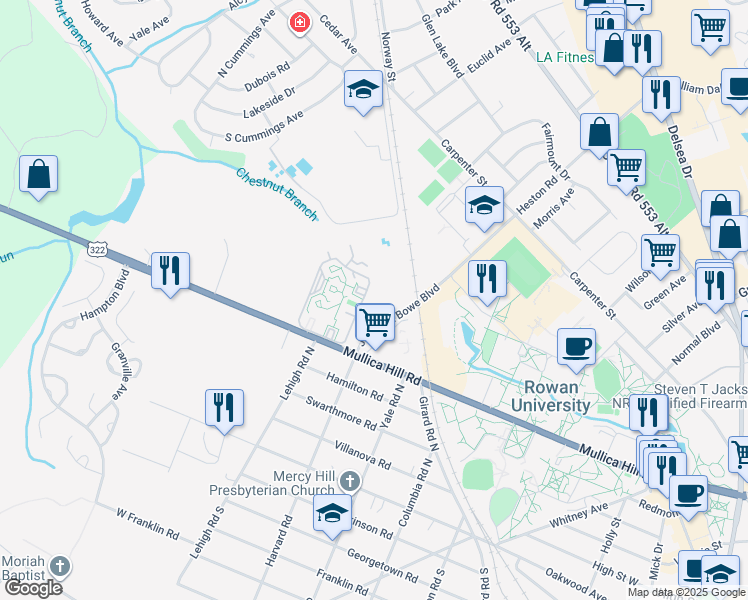 map of restaurants, bars, coffee shops, grocery stores, and more near 43 Beau Rivage Drive in Glassboro