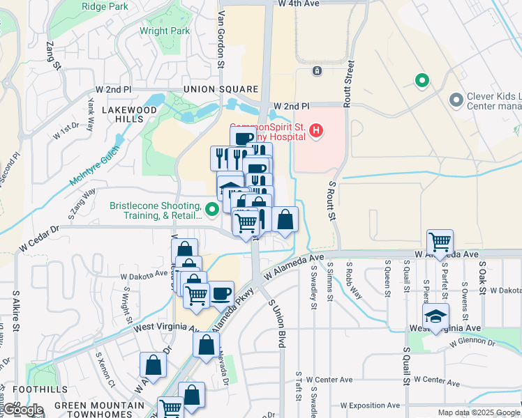 map of restaurants, bars, coffee shops, grocery stores, and more near in Lakewood
