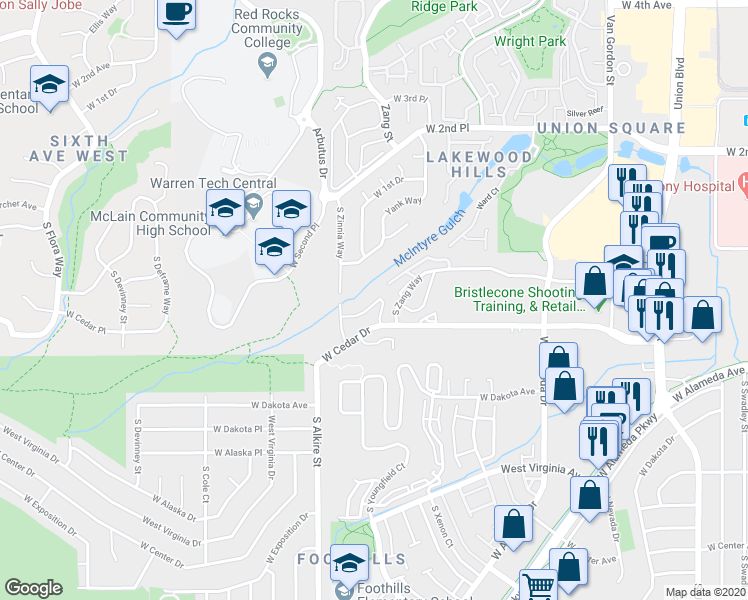 map of restaurants, bars, coffee shops, grocery stores, and more near 13083 West Cedar Drive in Lakewood