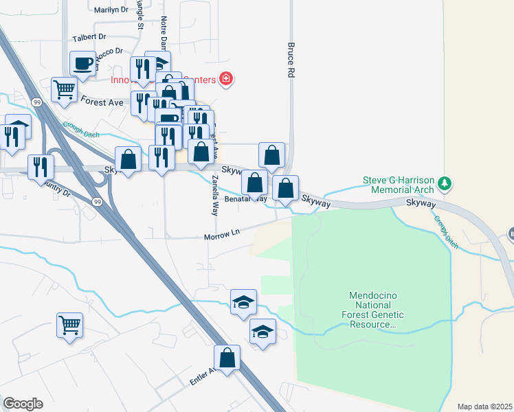 map of restaurants, bars, coffee shops, grocery stores, and more near 3881 Benatar Way in Chico