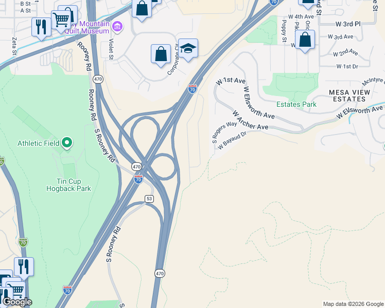 map of restaurants, bars, coffee shops, grocery stores, and more near 187 South Rogers Way in Golden