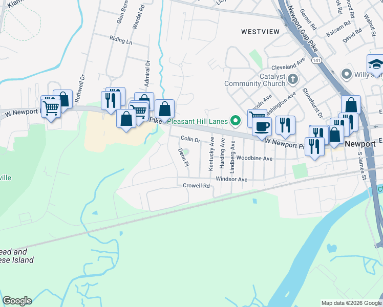 map of restaurants, bars, coffee shops, grocery stores, and more near 134 Denn Place in Wilmington