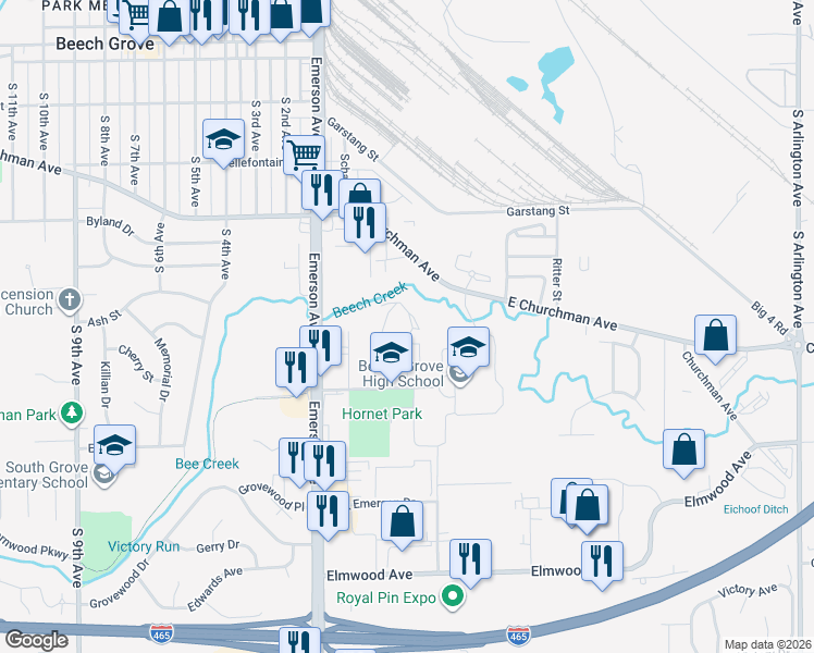 map of restaurants, bars, coffee shops, grocery stores, and more near 147 Diplomat Court in Beech Grove