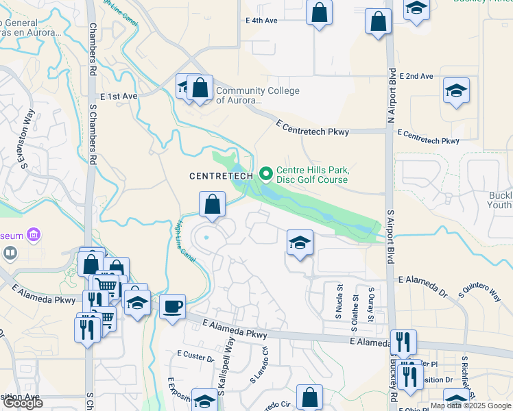 map of restaurants, bars, coffee shops, grocery stores, and more near 16233 East Alameda Place in Aurora
