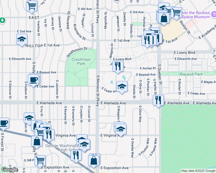map of restaurants, bars, coffee shops, grocery stores, and more near 6728 East Cedar Avenue in Denver