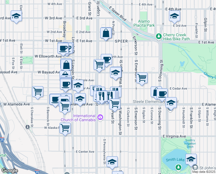 map of restaurants, bars, coffee shops, grocery stores, and more near 225 South Pearl Street in Denver