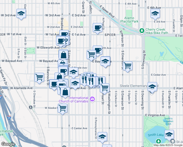 map of restaurants, bars, coffee shops, grocery stores, and more near 219 South Pennsylvania Street in Denver