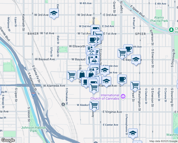 map of restaurants, bars, coffee shops, grocery stores, and more near 201 South Broadway in Denver
