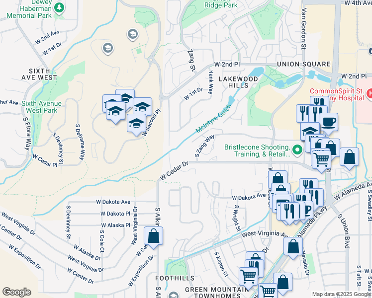 map of restaurants, bars, coffee shops, grocery stores, and more near 13085 West Cedar Drive in Lakewood