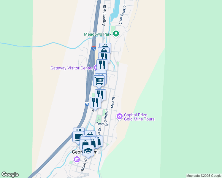 map of restaurants, bars, coffee shops, grocery stores, and more near 1300 Main Street in Georgetown