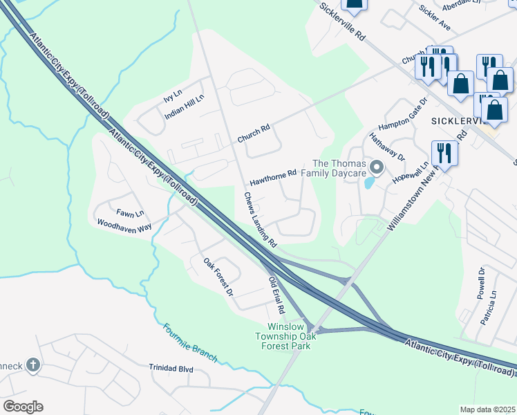 map of restaurants, bars, coffee shops, grocery stores, and more near 36 Hawthorne Road in Winslow Township
